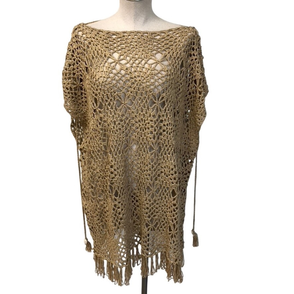 Surf Gypsy Crochet Swim Cover-Up Womens Small Tan Floral Fringe Cowrie Shells